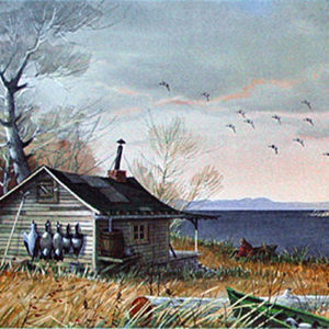 OUT AT THE DUCK SHACK by Les Kouba is a rare print published in an edition of 1200. The image size is 8" X 12" plus full margins. It is pencil signed and numbered by the artist.