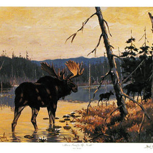 MOOSE FAMILY UP NORTH by Les Kouba is a print published in an edition of 1300. The image size is 13 1/2 X 18" plus full margins. This print was published in 2002, post-humously, and has the printed  signature of Les Kouba in gold.