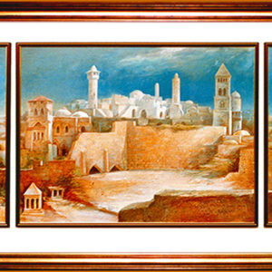 JERUSALEM by Mikulas Kravjansky is an oil painting on board. The ramed size of the piece is 48" X 101” painted in 1982 and is hand signed and dated in oil.