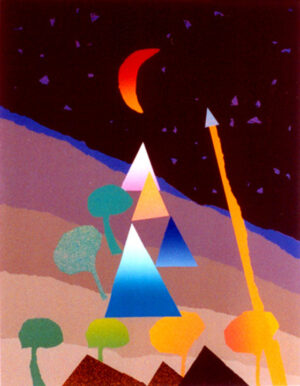 EGYPT by Arthur Secunda (1927 – 2022) is a serigraph with an image size of 22″ X 16″. It was published in 1989 in an edition 60 pencil signed and numbered prints. The full title is 6 Trees, 4 Pyramids, 1 Moon.