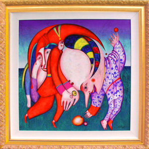 DANCING WITH FRUITS by Mihail Chemiakin is a rare 75 color serigraph. The size of the image is 36” X 36” and the edition is 97. It was published in 1998.