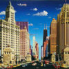 MAGNIFICENT MILE is a serigraph by Alexander Chen. The is a mixed media print with a textured surface following the outline of the images The image size is 17” X 22" plus margins. The edition size is 1250.