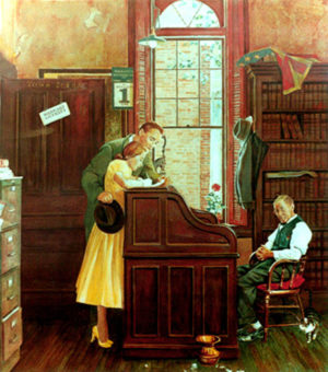 THE MARRIAGE CONTRACT by Norman Rockwell is a print with an image 23" X 21" plus full margins in an edition of 2500.
