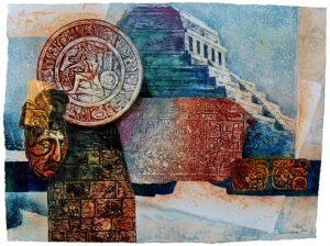 MAYAN MEMORIES by Mikulas Kravjansky is an intaglio etching on hand made paper in an edition of only 50. The size of the image and sheet is 30” X 40".