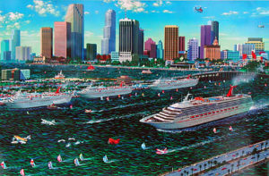 Miami Cruising by Alexander Chen is a serigraph in a limited edition of 695. The size of the image is 16 1/2" X 25" plus margins. The year of publication was 1996.