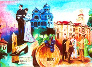 Mural depicting Scenes and images of Napa CA dring the turn of the century. Painted on a building in downtown Napa.
