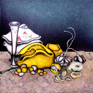 NOCTURNE IN GRAY & GOLD by Mihail Chemiakin is a serigraph in 80 colors on stretched canvas. The image is 36″ X 36″. Published in 1998 in an edition of 135.