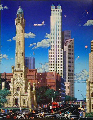 OLD WATER TOWER is a serigraph by Alexander Chen. It has a textured surface following the outline of the images. The image size is 22" X 17" plus margins.