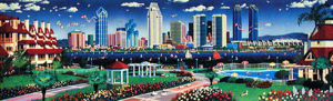 SAN DIEGO PANAORAMA is a serigraph by Alexander Chen. The is a mixed media print with a textured surface following the outline of the images The image size is 11” X 36" plus margins. The edition size is 695.