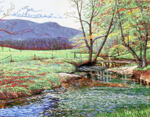 THE VALLEY IN SPRING by Ray Byram is a 21 color serigraph. The image size is 26" X 36" plus full margins. The edition size is 280 plus Artist's Proofs. 