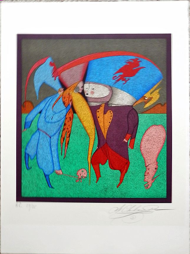 UNEXPECTED MEETING by Mihail Chemiakin is a lithograph with an image size of 17 1/2″ X 17 1/2″ plus full margins, The edition size is 300.