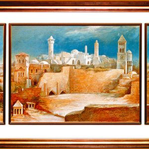 JERUSALEM by Mikulas Kravjansky is an oil painting on board. The overall framed size of the piece is 48" X 101”. It was painted in 1982 and is hand signed and dated in oil.