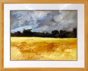 CLOUDS OVER CORNFIELD by James Dimmers is a beautiful painting, framed with a natural oak moulding. The image size is 22” X 30”. Painted in 1982-83.