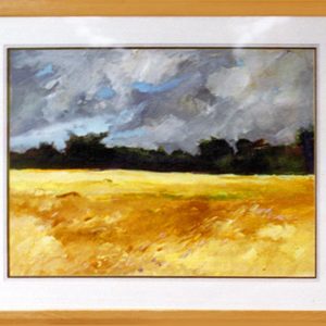 CLOUDS OVER CORNFIELD by James Dimmers is a beautiful painting, framed with a natural oak moulding. The image size is 22” X 30”. Painted in 1982-83.