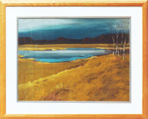 FALL LANDSCAPE by James Dimmers is a painting in a quality frame with a natural oak moulding. The image size is 22” X 30”. Painted in 1982-83.