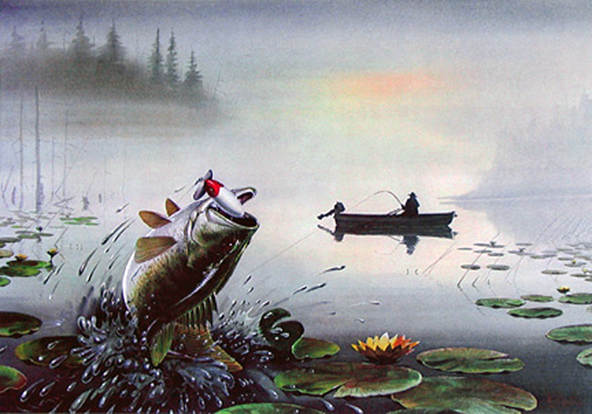 BASS AT DAYBREAK - Fishing Print - By Les Kouba - Alliance Art Publishing -  For Sale - Prints - Paintings - Sculpture - Tapestry - Located in Cable -  Wisconsin