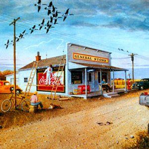 BY THE COUNTRY STORE by Les Kouba is an offset lithograph published in 1991 in an edition of 5000. The image size is 16″ X 21 1/4″ plus full margins.