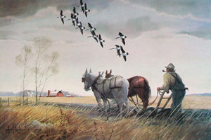 FALL PLOWING by Les Kouba is rare print with an image size of 15” X 23” plus full margins. This print is from the original print run but  has not been signed or numbered. It is a beautiful print in mint condition. 