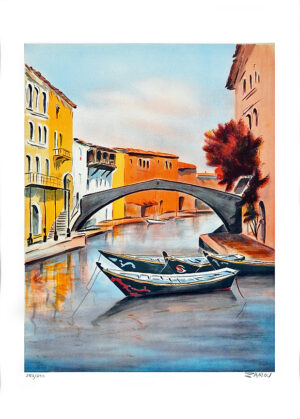 GONDOLAS by Victor Zarou is a lithograph with an image size of 24” X 18" plus margins. The size of the edition is 300. The print is pencil signed and numbered by the artist.