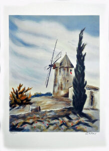 WINDMILL by Victor Zarou is a lithograph with an image size of 18"X 24" plus margins. The size of the edition is 300. Pencil signed and numbered.