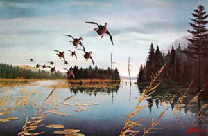 BLACK DUCKS SURVEYING JASPER CREEK by Les Kouba is an offset lithograph published in an edition of 2500. The image size is 8″ X 12 1/4″ plus full margins.