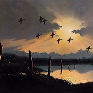 EVENING FLIGHT MALLARDS by Les Kouba is a print that was published in 1981 for Catholic Charities. The image size is 16 1/2″ X 24 3/4″ plus full margins.