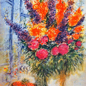 “BOUQUET WITH BOWL OF CHERRIES” is an offset lithograph after Marc Chagall. The image size is 27″ X 22″ plus full margins.