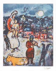 “FIDDLER ON THE ROOF” is a beautiful lithograph by Marc Chagall. The image size is 27″ X 22″ plus full margins. This print was published with a printed facsimile signature in an edition of CCC.