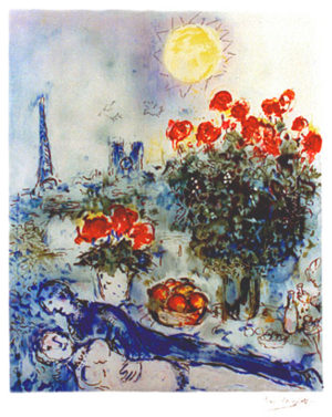 NOTRE DAME ET LA EIFFEL by Marc Chagall is a lithograph . The image size is 22″ X 18 1/2. This print has a printed facsimile signature in an edition of CCC.