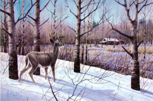 DEER CAMP by Les Kouba is a rare print with an image size of 15” X 23” plus full margins. This print is from the original print run but has not been signed or numbered.