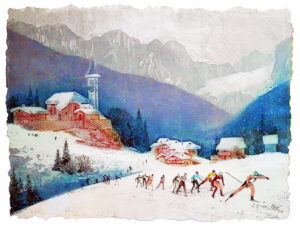 SETTING THE PACE by Mikulas Kravjansky consists of three intaglio prints on hand made paper on World Cup Nordic Skiing. The image and sheet size of each is 30" X 22”. They are offered and listed individually as well as the site of three.