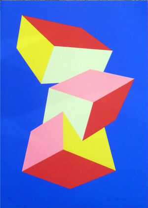 BLUE, ORANGE, PINK & YELLOW by Charles Hinman is a serigraph with embossing. The image and sheet size is 25 5/8“ X 34 1/4″ and the edition size is 200. It was published in 1974.