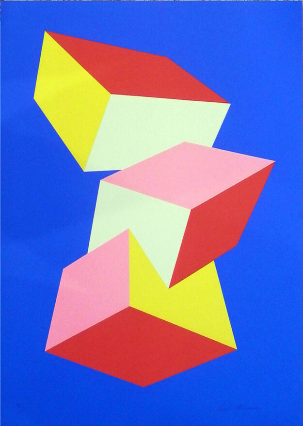 BLUE, ORANGE, PINK & YELLOW by Charles Hinman is a serigraph with embossing. The image and sheet size is 25 5/8“ X 34 1/4″ and the edition size is 200. It was published in 1974.